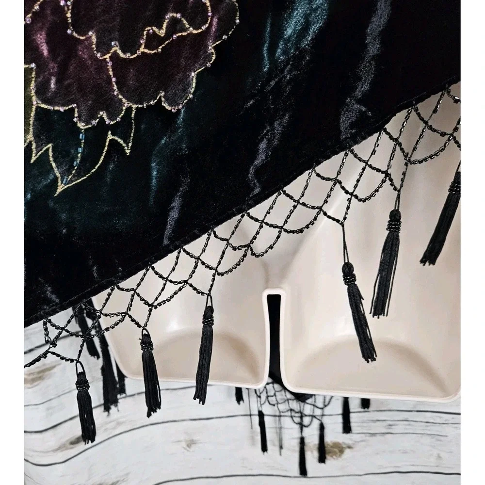 Coldwater Creek Velvet Beaded Fringe Poncho OS Peacock Feather Print Tassels